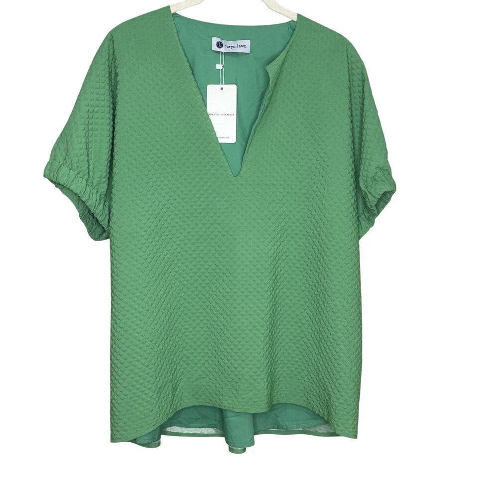 Caryn Lawn Top Betsy One Size Green Textured Short Sleeve V Neck Blouse Tunic